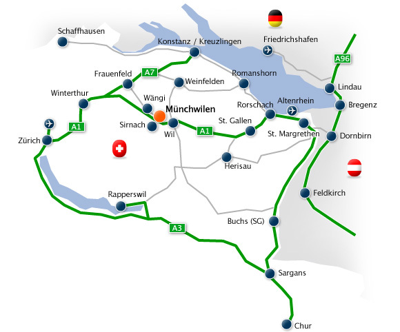 Zufahrtsplan nach Münchwilen: Münchwilen liegt im Kanton Thurgau, zwischen Frauenfeld und Wil (Kanton St. Gallen) direkt an der Autobahn A1.